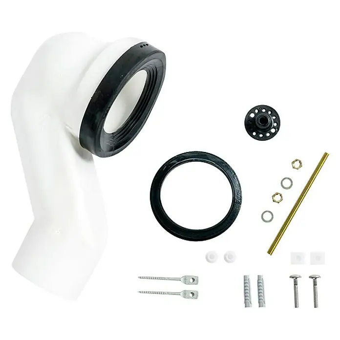 Roca Eos Pack de WC - Con borde de descarga, Salida dual, Blanco - Un codo conector de inodoro blanco con accesorios de instalación, incluyendo sellos, tornillos y tacos.