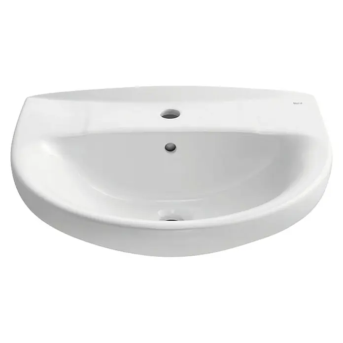 Roca Mitos Lavabo - 56 x 46 cm, Orificios para grifo: Medio, Con desbordamiento, Blanco - Un primer plano de un lavabo de cerámica blanca con orificio de rebosadero y orificio para grifo para el baño.
