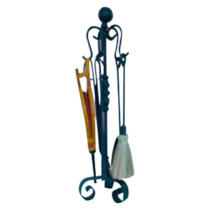 Imex El Zorro Juego de utensilios para chimenea - 5 pzs., Gris, Altura: 730 mm - Un juego de accesorios para chimenea con herramientas como pala, cepillo y pinzas sobre un soporte decorativo. Práctico y elegante.