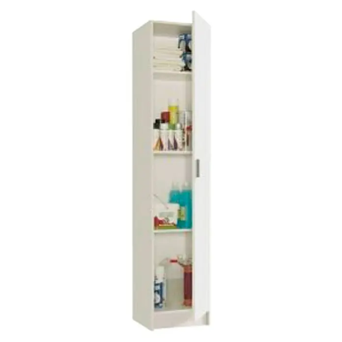 Armario multiusos de madera columna - L x An x Al: 37 x 37 x 180 cm, Blanco, Con 4 baldas - Un armario de baño blanco con estantes que contienen diversos artículos de aseo y productos de limpieza.