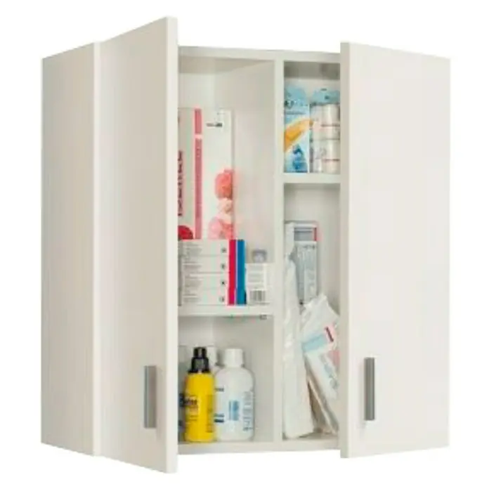 Armario multiusos de madera - L x An x Al: 27 x 59 x 60 cm, Blanco - Un botiquín blanco con dos estantes, lleno de diversos productos médicos y artículos de cuidado personal.