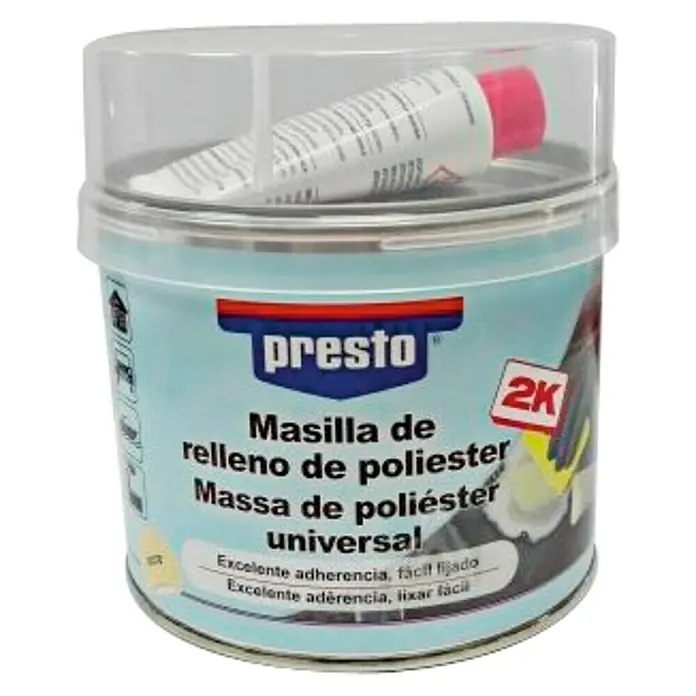 Presto Masilla de relleno universal - 250 g - Bote de masilla de relleno de poliéster universal Presto 2K con endurecedor, ideal para reparaciones y parches en vehículos y otras superficies.