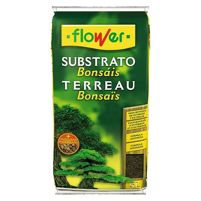 Flower Sustrato para bonsáis - 5 l - Imagen de un saco de sustrato para bonsáis "Flower", un sustrato específico para plantas bonsái, ideal para interior y exterior.