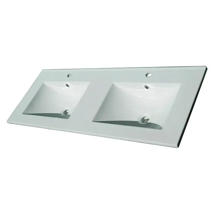 Lavabo doble Titán - 121 x 46 cm, Orificios para grifo: Medio, Con desbordamiento, Blanco - Esta foto muestra un moderno tocador de doble lavabo en blanco, perfecto para un baño elegante con dos lavabos y un diseño limpio.