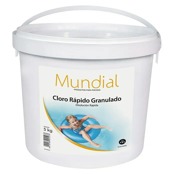 Mundial Cloro granulado rápido - 5 kg - Un cubo blanco de cloro "Mundial Cloro Rápido Granulado" para piscinas.