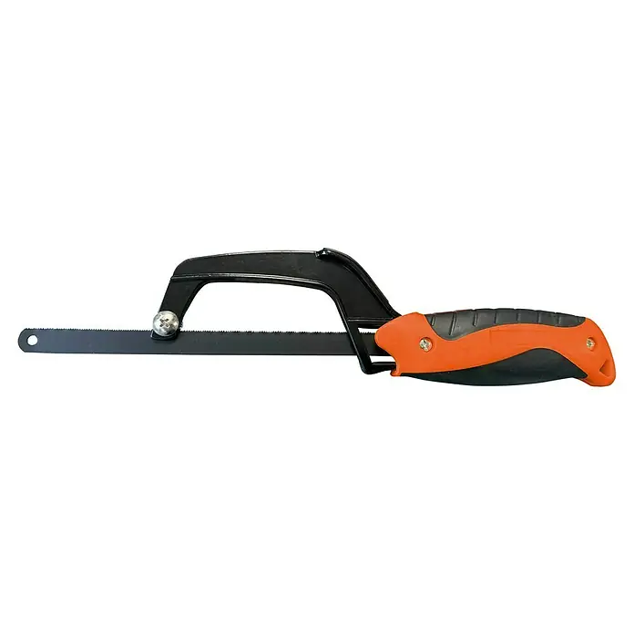 Sierra de mano - Largo: 300 mm, Material compuesto - Sierra de metal con mango naranja y marco negro, una herramienta para hacer cortes precisos en varios materiales.