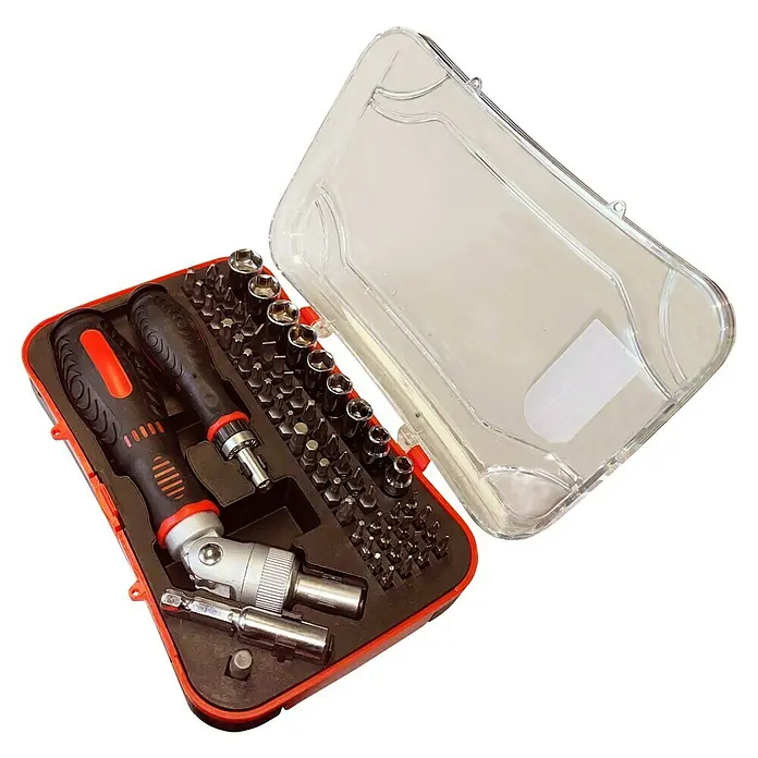 Set de llaves de vaso Future - 62 pzs. - Kit de herramientas con destornillador y puntas. El conjunto incluye una variedad de herramientas para trabajos de reparación.