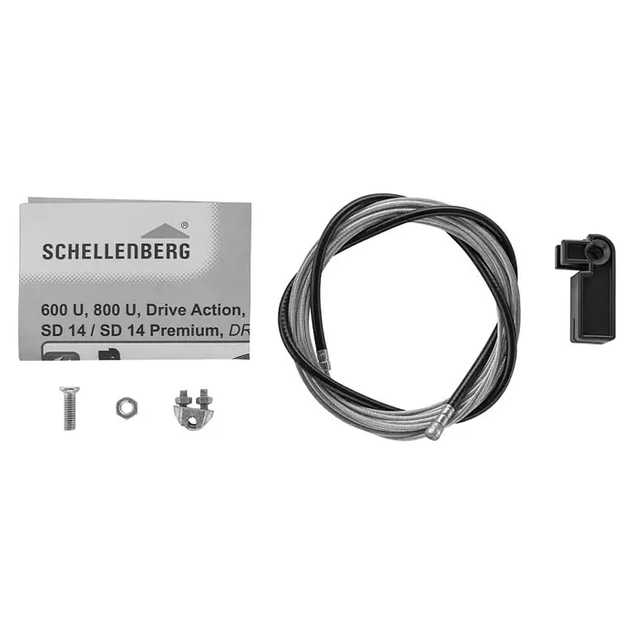 Schellenberg Notentriegelung Smart Drive - Passend für: Schellenberg Garagentorantriebe Drive - Abbildung eines Schellenberg-Produkts, wahrscheinlich ein Antriebs-Set mit Kabel, Schraube, Mutter, Verbinder und einer schwarzen Kunststoffkomponente.