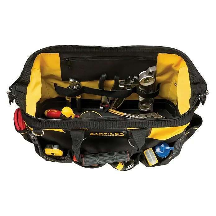 Stanley FatMax Bolsa para herramientas 1-93-950 - Nylon - Bolsa de herramientas Stanley Fatmax, abierta, con varias herramientas dentro. Ideal para profesionales y aficionados al bricolaje.