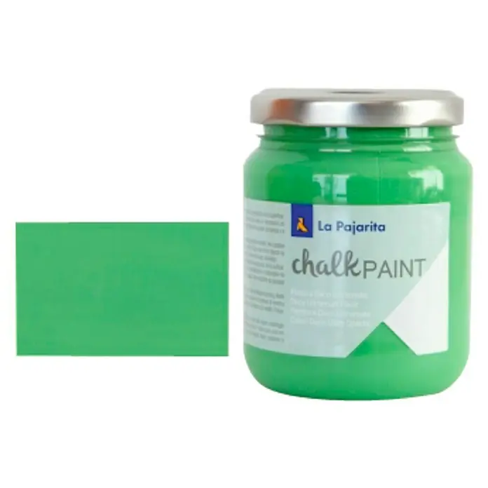 La Pajarita Pintura de tiza Chalk Paint - Albahaca, 175 ml, Mate - Un bote de pintura a la tiza La Pajarita en verde, junto a una muestra de color, ideal para proyectos DIY y restauración de muebles.