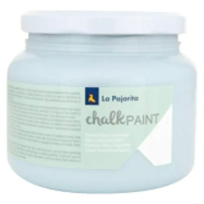La Pajarita Pintura de tiza Chalk Paint - Azul cristal, 500 ml, Mate - Primer plano de un bote de pintura a la tiza de La Pajarita, una pintura versátil para muebles, decoraciones y proyectos de manualidades, con acabado mate.