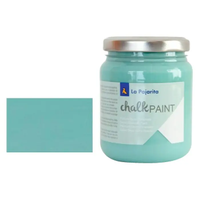 La Pajarita Pintura de tiza Chalk Paint - Verde hielo, 175 ml, Mate - Bote de pintura a la tiza turquesa La Pajarita con muestra de pintura.