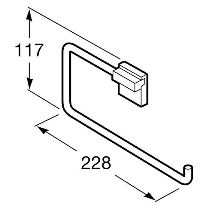 Roca Rubik Toallero de anilla - Cromo, Brillante - Ilustración de un boceto de toallero con dimensiones de 117 mm de altura y 228 mm de anchura.