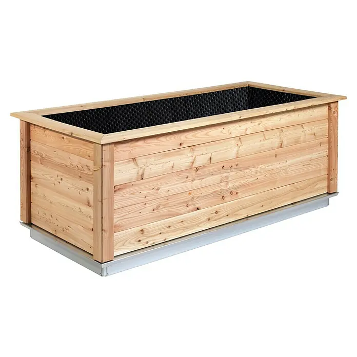 KGT Hochbeet Woody 210 - 214 x 99 x 79 cm, Holz, Natur - Holzpflanzkasten auf einem Metallsockel. Der Kasten ist aus hellen Holzbrettern gefertigt und mit einer schwarzen Noppenfolie ausgekleidet.