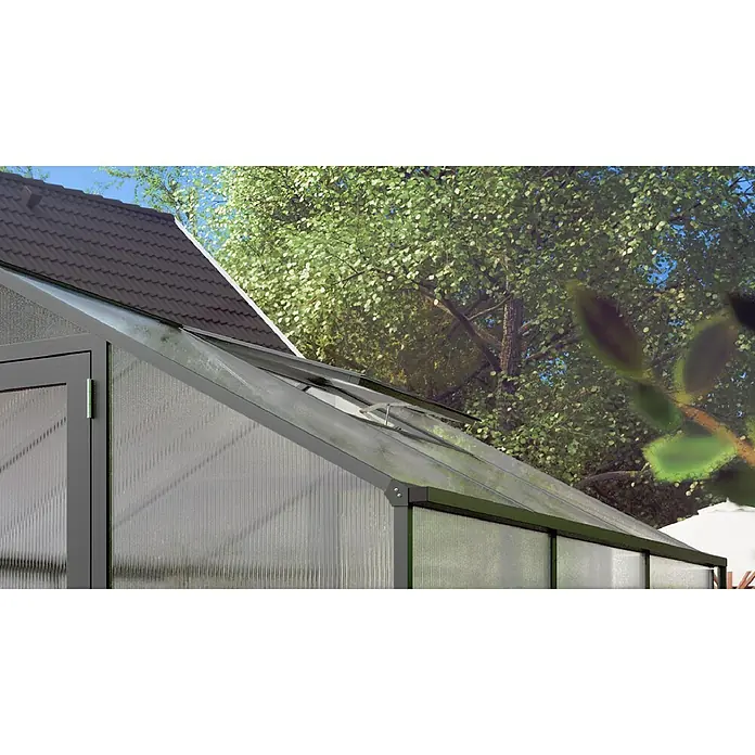 KGT Gewächshaus-Dachfenster - 62 x 102 x 5 cm, Anthrazitgrau, Passend für: KGT Gewächshaus Rose/Orchidee/Lilie - Nahaufnahme eines Gewächshauses mit Dachfenster, das für eine optimale Belüftung sorgt. Das Gewächshaus ist aus robusten Materialien gefertigt.