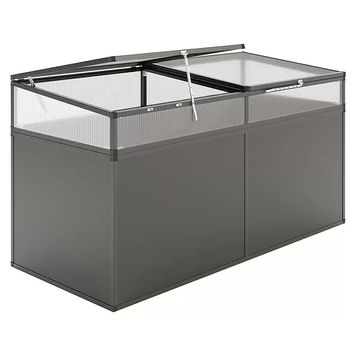 KGT Hochbeet Alu 210 - 91 x 205 x 77 cm, Aluminium, Anthrazit - Dunkelgraues Frühbeet-Gewächshaus mit transparenten Wellplatten und verstellbarem geöffnetem Deckel zur Pflanzenzucht.