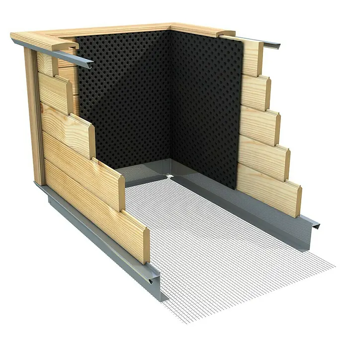 KGT Hochbeet Woody 130 - 131 x 99 x 79 cm, Holz - Detailaufnahme eines Wandaufbaus mit Holzverkleidung, Dämmung und Metallprofilen. Gut geeignet für Bau- und Architekturprojekte.