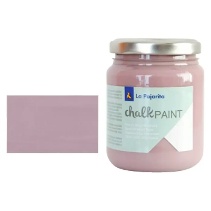 La Pajarita Pintura de tiza Chalk Paint - Malva fumée, 175 ml, Mate - Un bote de pintura de tiza La Pajarita en un suave tono rosa, ideal para muebles vintage y proyectos DIY, junto con una muestra de color.