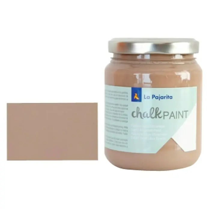 La Pajarita Pintura de tiza Chalk Paint - Marrón Eiffel, 175 ml, Mate - Un tarro de pintura de tiza La Pajarita en un tono marrón claro con una muestra de color que muestra el color de la pintura.