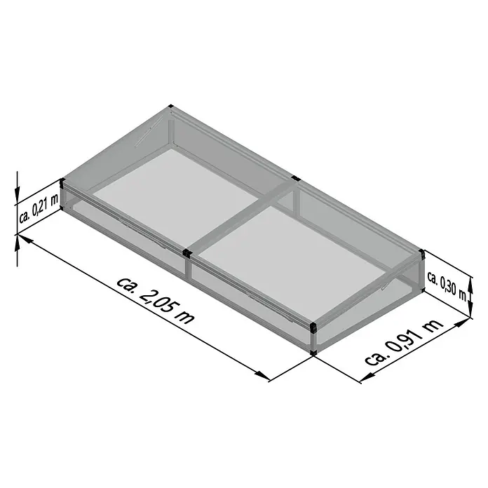 KGT Frühbeet-Aufsatz Hochbeet 210 - Passend für: KGT Hochbeet 210, L x B x H: 205 x 91 x 31 cm - Darstellung eines Frühbeets mit den Maßen ca. 2,05 m Länge, ca. 0,91 m Breite und ca. 0,21-0,30 m Höhe.