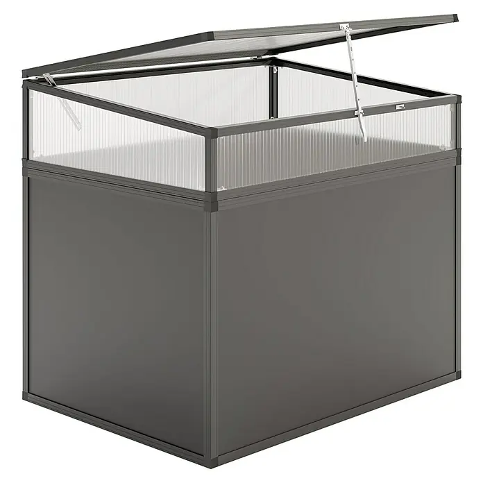 KGT Hochbeet Alu 130 - 91 x 121 x 77 cm, Aluminium, Anthrazit - Ein Gewächshaus mit einem grauen Rahmen und einer transparenten Oberseite, die zur Hälfte geöffnet ist, perfekt für den Garten.