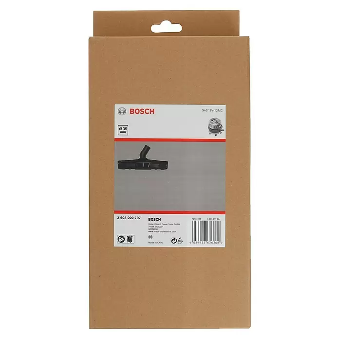 Bosch Bodendüse - 133 x 280 x 70 mm - Bosch 35mm Bodendüse für GAS 18V-12 MC Staubsauger, auf brauner Kartonverpackung abgebildet.