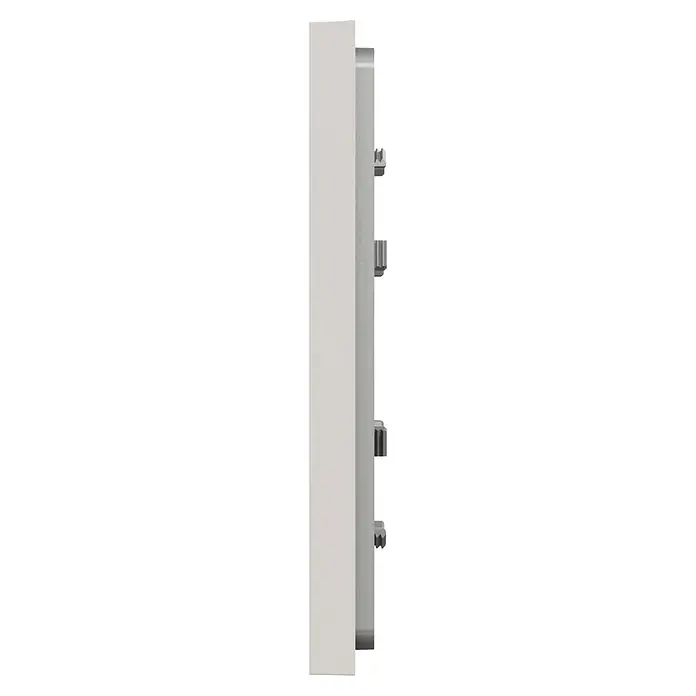 Schneider Electric New Unica Marco - Gris cava, Plástico, Colocar - Primer plano de una antena blanca con herrajes de montaje grises, mostrando su diseño rectangular y delgado.