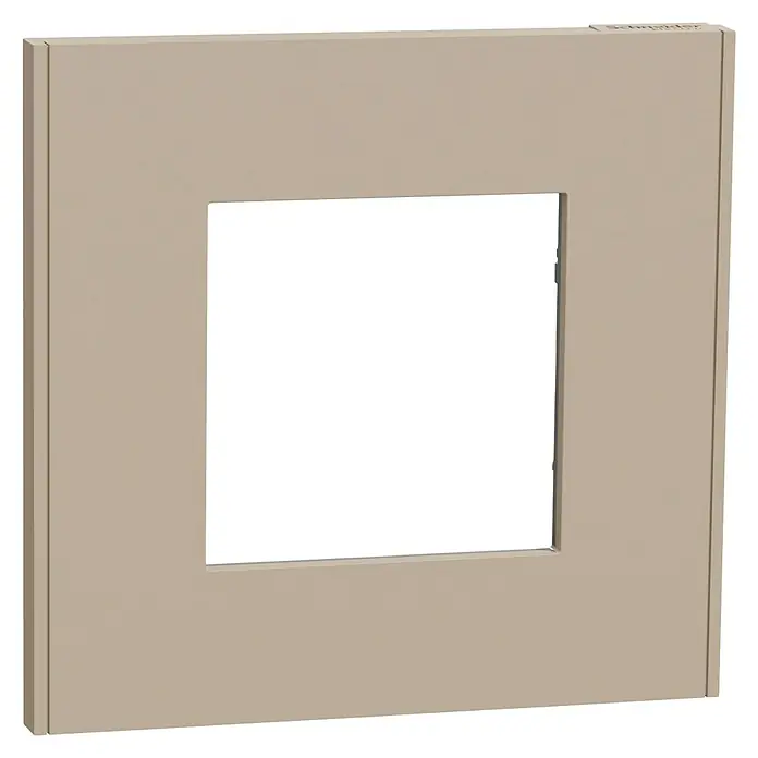 Schneider Electric New Unica Marco - Beige, Plástico, Colocar - Primer plano de una placa frontal de interruptor Schneider Electric cuadrada y beige, que ofrece un diseño moderno y una estética limpia para interiores.