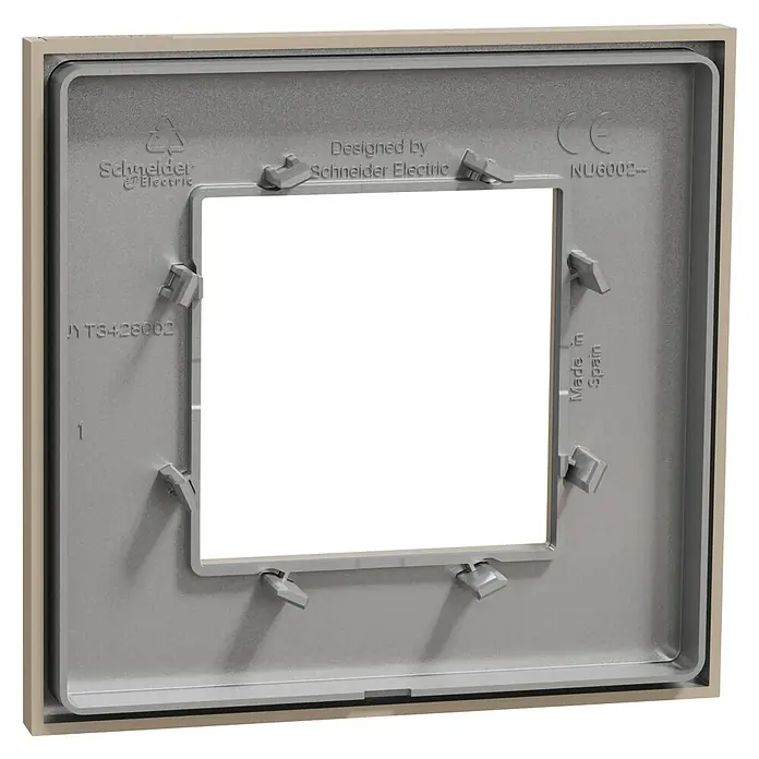 Schneider Electric New Unica Marco - Beige, Plástico, Colocar - Primer plano de una cubierta de marco Schneider Electric de plástico gris claro con un borde beige para interruptores y enchufes.