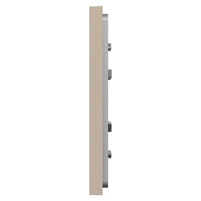 Schneider Electric New Unica Marco - Beige, Plástico, Colocar - Primer plano del perfil lateral de una puerta, con un marco gris asegurado con varias tuercas hexagonales plateadas.