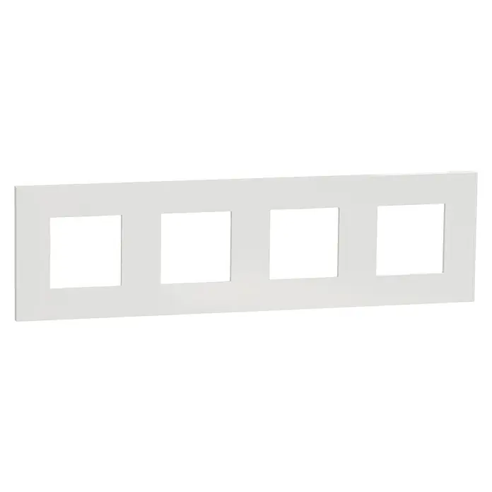 Schneider Electric New Unica Marco - Blanco, Modelo de mecanismos: x 4, Plástico, Instalar - Una cubierta de marco de interruptor de luz cuádruple blanca, que ofrece una estética limpia y moderna, diseñada para una fácil instalación.