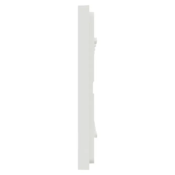 Schneider Electric New Unica Marco - Blanco, Modelo de mecanismos: x 4, Plástico, Instalar - Vista lateral de una moldura decorativa blanca rectangular con delicados adornos escalonados para un diseño de habitación elegante.