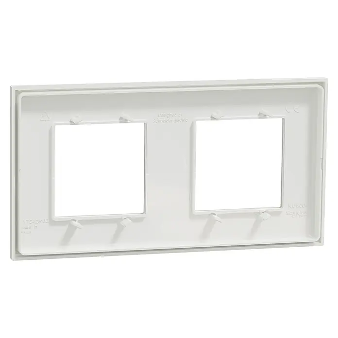 Schneider Electric New Unica Marco - Blanco, Modelo de mecanismos: x 2, Plástico, Instalar - Primer plano de una tapa de interruptor doble blanca de Schneider Electric, que muestra los orificios de montaje y el logotipo del fabricante.