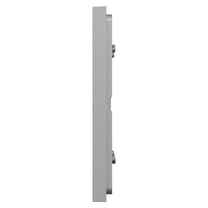 Schneider Electric New Unica Marco - Gris, Modelo de mecanismos: x 2, Plástico, Instalar - Vista lateral de un moderno dispositivo electrónico gris con fijaciones de tornillo. Está diseñado para montaje en pared y tiene una superficie lisa.