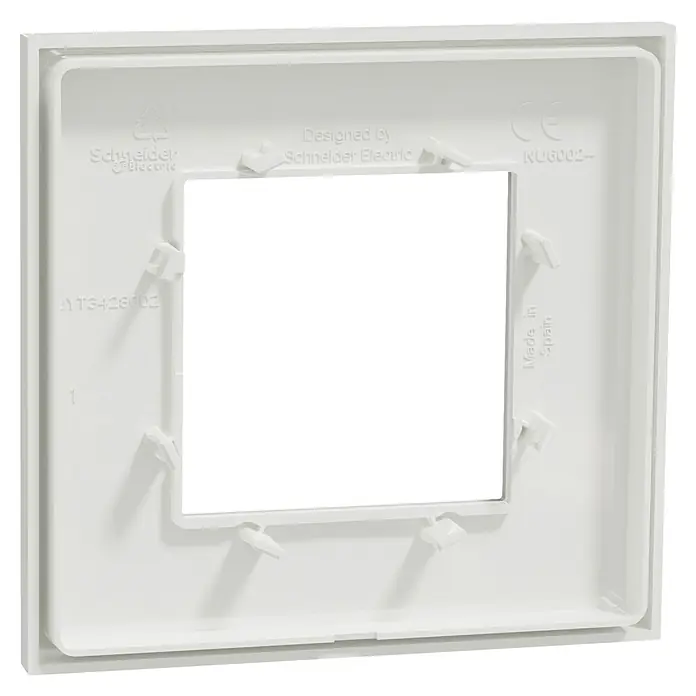 Schneider Electric New Unica Marco - Blanco, Plástico, Colocar - Primer plano de un marco blanco de Schneider Electric, destacando la alta calidad de fabricación y el diseño sencillo del producto.