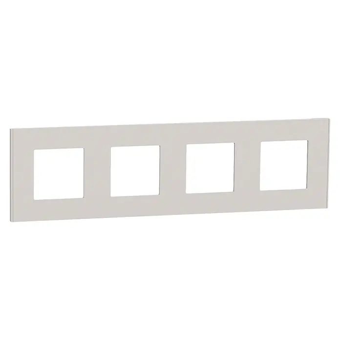 Schneider Electric New Unica Marco - Gris cava, Modelo de mecanismos: x 4, Plástico, Instalar - Esta imagen muestra una placa de cubierta de interruptor cuádruple plana, rectangular y blanca. El producto tiene un acabado limpio y un aspecto moderno.