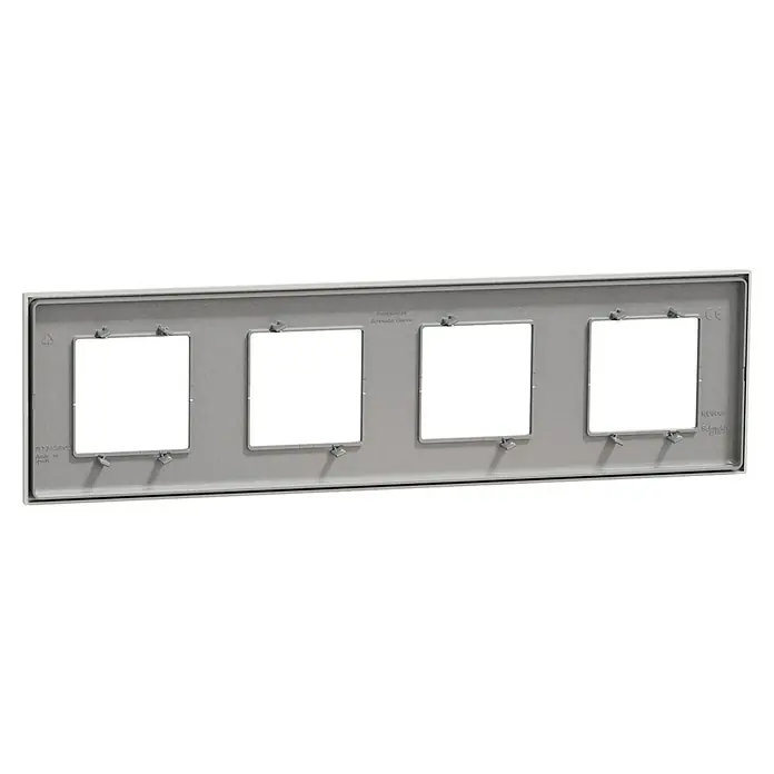 Schneider Electric New Unica Marco - Gris cava, Modelo de mecanismos: x 4, Plástico, Instalar - Una caja empotrada rectangular gris con cuatro aberturas cuadradas para instalar componentes eléctricos de forma segura.