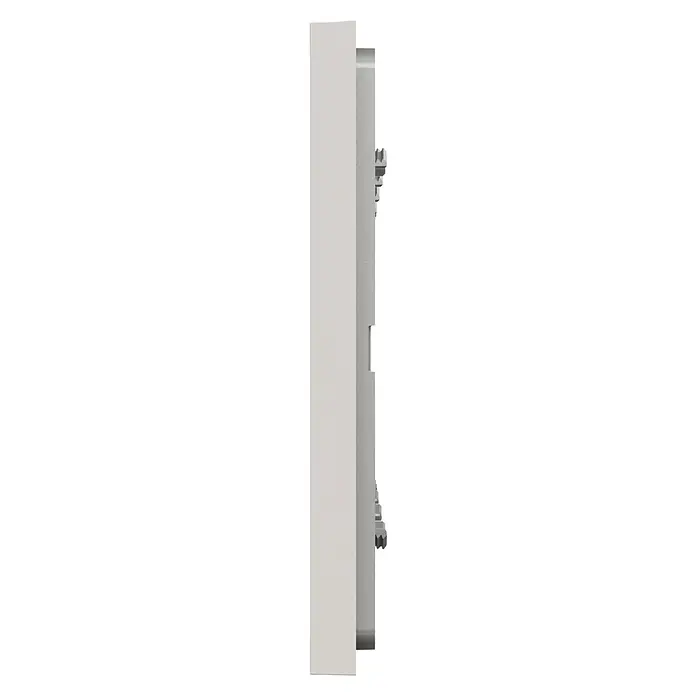 Schneider Electric New Unica Marco - Gris cava, Modelo de mecanismos: x 4, Plástico, Instalar - Vista lateral de un panel de interruptores blanco de Hager con un panel de control plateado y controles. Diseño contemporáneo para hogares y oficinas.