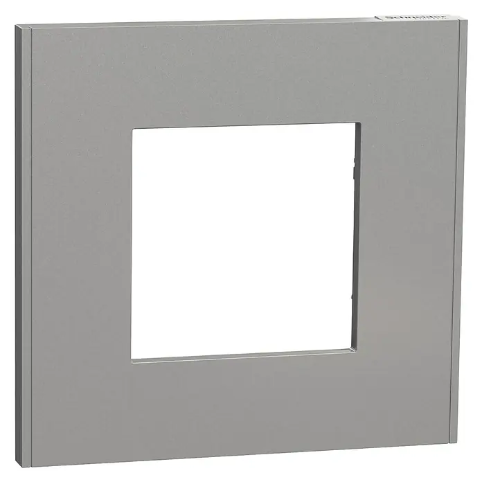 Schneider Electric New Unica Marco - Gris, Plástico, Colocar - Primer plano de una placa frontal cuadrada gris de Schneider, que muestra un diseño moderno y líneas limpias para interruptores o enchufes.