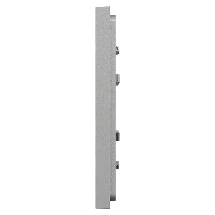 Schneider Electric New Unica Marco - Gris, Plástico, Colocar - Primer plano de una caja rectangular gris con perillas giratorias laterales utilizadas para controlar el dispositivo.