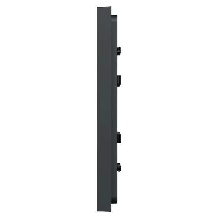Schneider Electric New Unica Marco - Gris antracita, Plástico, Colocar - Un primer plano de una puerta de caja fuerte negra con cuatro cerrojos en el lado derecho. La caja fuerte se muestra sobre un fondo negro.