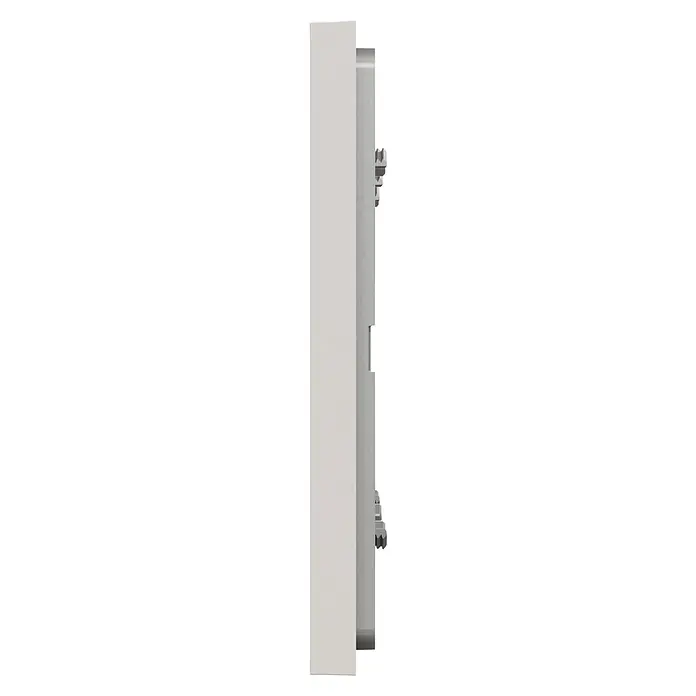 Schneider Electric New Unica Marco - Gris cava, Modelo de mecanismos: x 3, Plástico, Colocar - Una vista lateral de un dispositivo blanco con montajes plateados, ideal para instalaciones electrónicas o de fontanería. Materiales de alta calidad.