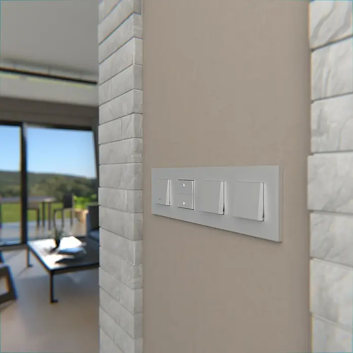 Schneider Electric New Unica Marco - Beige, Modelo de mecanismos: x 4, Plástico, Instalar - Primer plano de un panel de interruptores blanco en una pared, que muestra un diseño moderno y funcionalidad.
