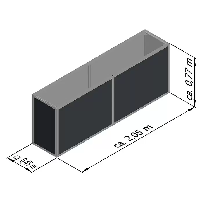 KGT Hochbeet - 2,05 x 0,45 x 0,77 m, Aluminium, Silber - Dunkelgraues rechteckiges Display-Element mit hellgrauem Rahmen, oben offen. Maße: ca. 2,05m L x 0,45m B x 0,77m H.