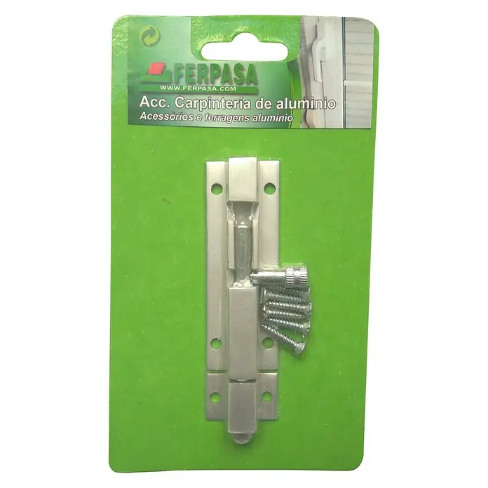 Cerradura adicional para ventanas - Largo: 100 mm, Aluminio, Plateado - Un cerrojo de barril plateado con tornillos que se muestra en una tarjeta de embalaje verde.