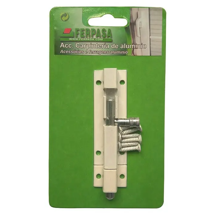 Cerradura adicional para ventanas - Largo: 100 mm, Aluminio, Blanco - Primer plano de un cerrojo de aluminio con tornillos sobre un embalaje verde, ideal para trabajos de carpintería.