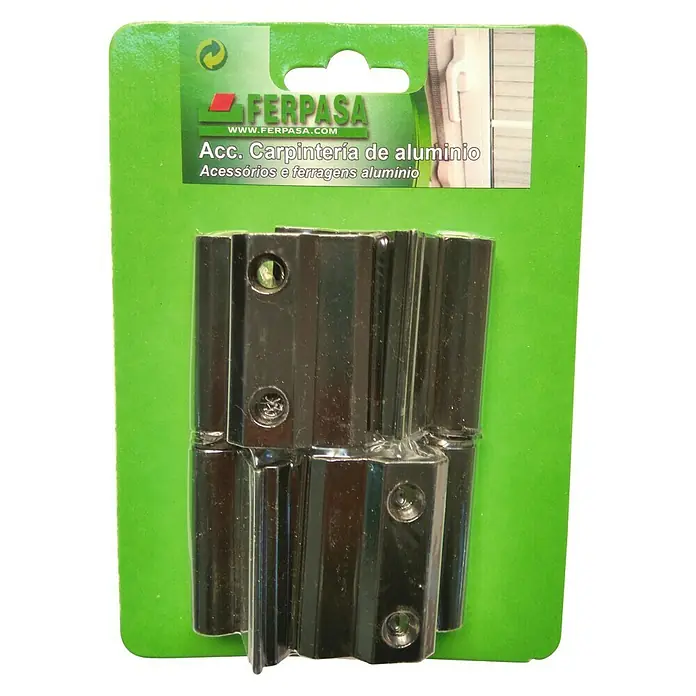Bisagra 40-20 - Negro, 2 ud. - Primer plano de bisagras de aluminio para puerta de la marca Ferpasa sobre un embalaje verde, ideal para trabajos de carpintería y accesorios.