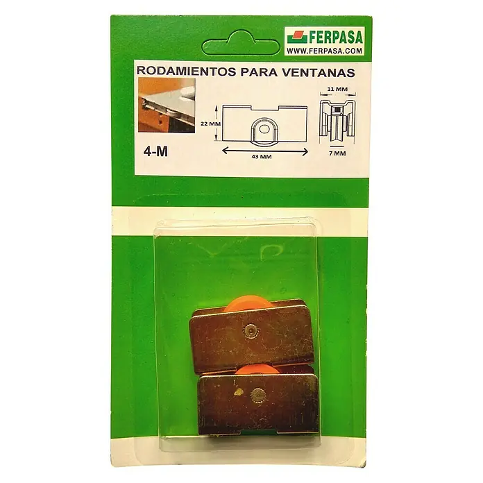 Cojinete de bolas metal 4-M - Diámetro: 22 mm, Ancho: 11 mm - Sistema de rodillos para ventanas Ferpasa 4-M para un funcionamiento fácil y suave de las ventanas. Ideal para reparaciones y nuevas construcciones.