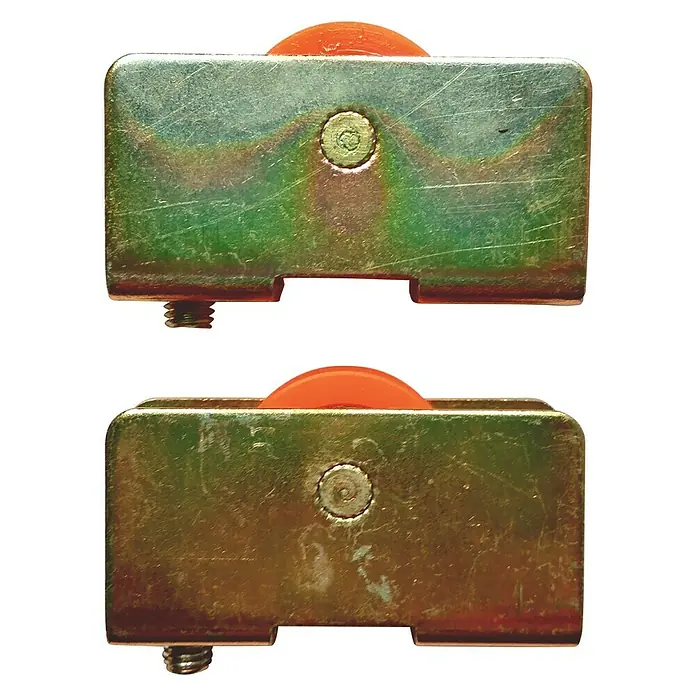 Cojinete de bolas metal 4-M - Diámetro: 22 mm, Ancho: 11 mm - Dos rodillos para ventanas correderas con ruedas naranjas, diseñados para un movimiento suave y fácil instalación.