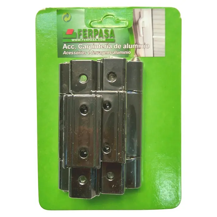 Bisagra reforzada - Largo: 105 mm, Negro, 2 ud. - Embalaje de bisagras de aluminio negro FERPASA. Las bisagras están dispuestas sobre una tarjeta verde.